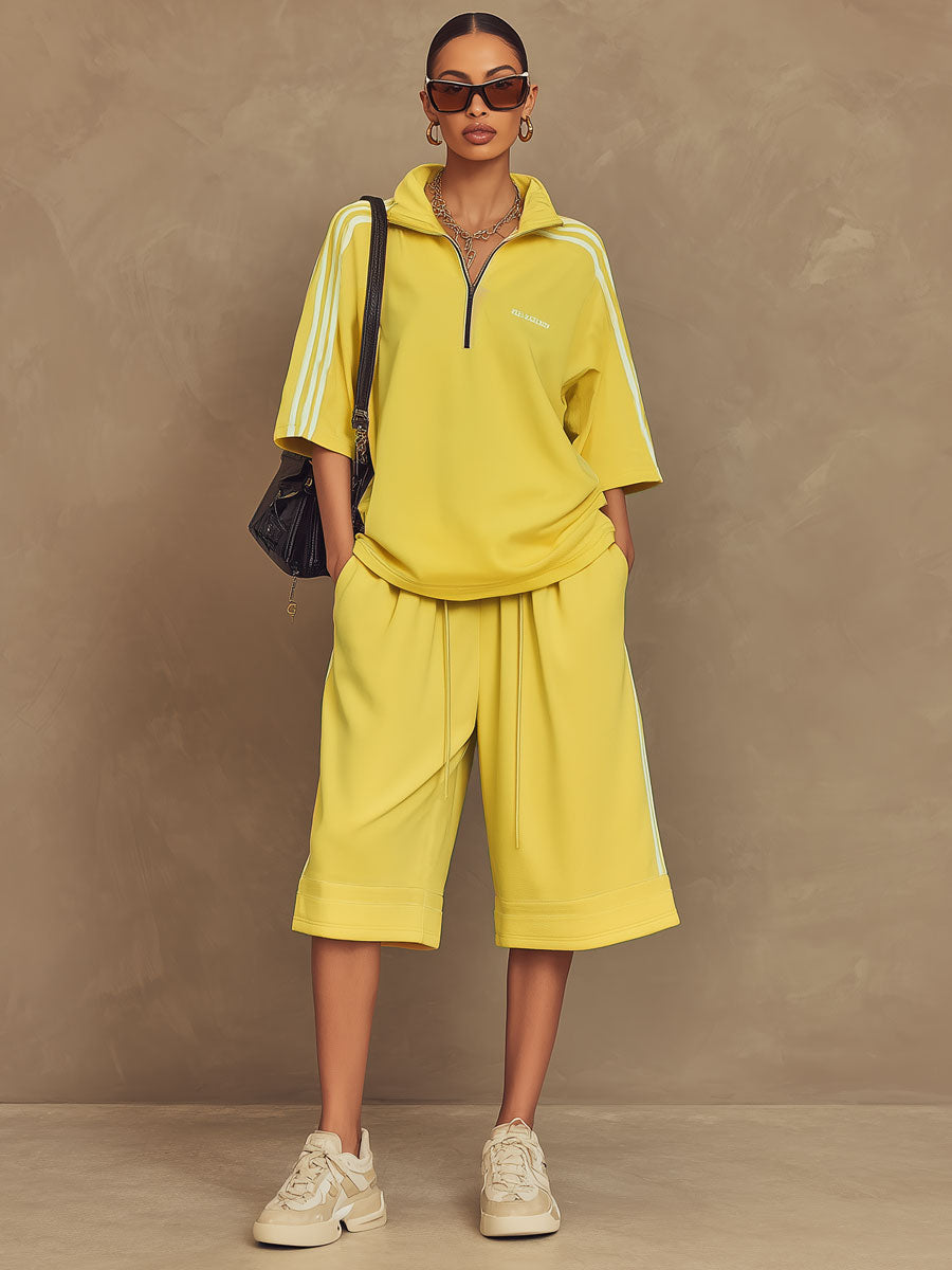 Sporty Retro Yellow Ribbon Crew Neck Short-Sleeve T-Shirt And Shorts Set