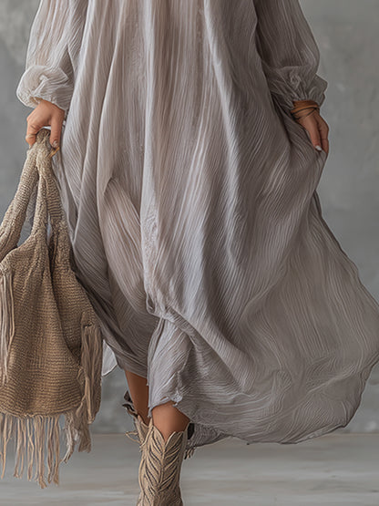 Lazy And Elegant V-neck Light Gray Crinkled Chiffon Maxi Dress