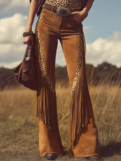 Retro Western-style Fringed Faux Suede Flared Trousers