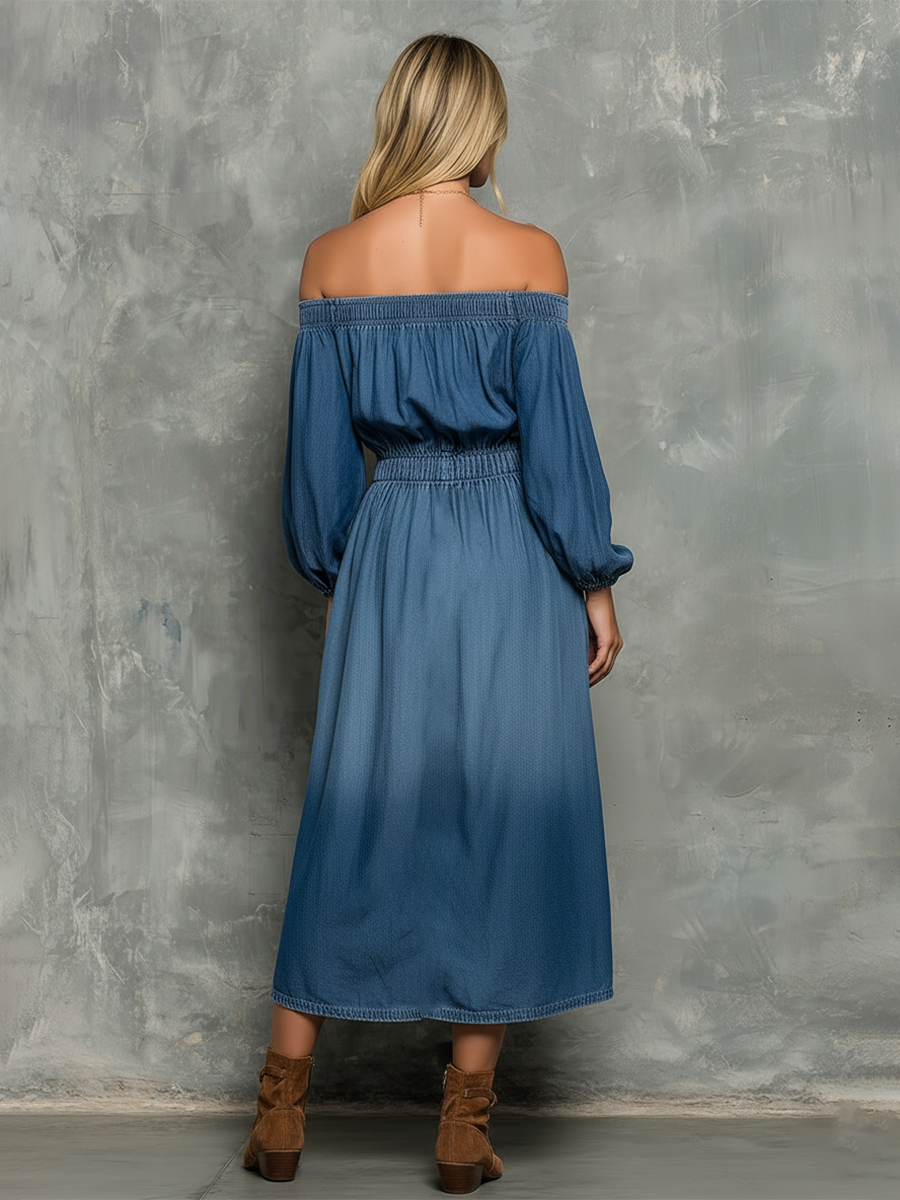 Retro Relaxed Style Off-the-shoulder Long-sleeved Maxi Dress