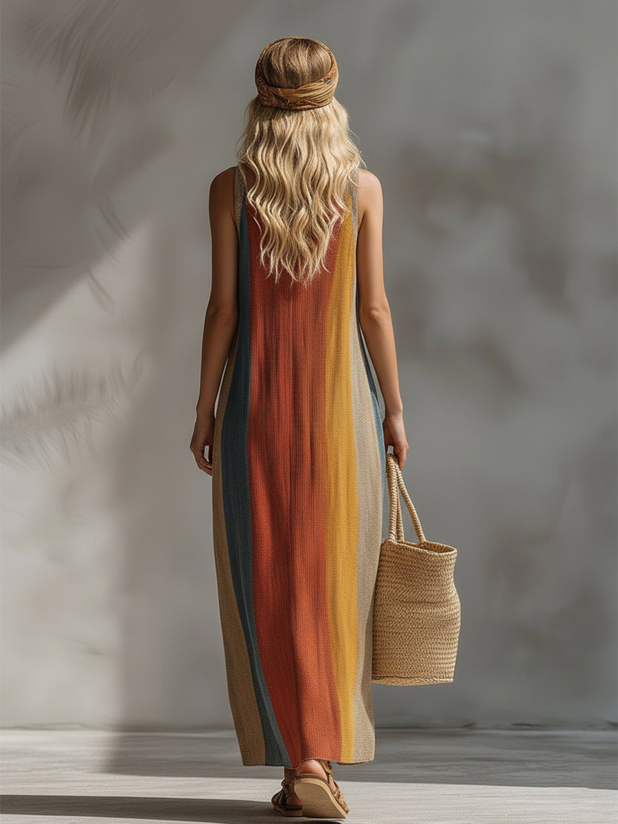 Retro Vacation Style Rainbow-colored Lightweight Knit Sleeveless Maxi Dress
