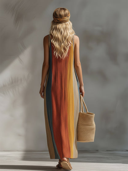 Retro Vacation Style Rainbow-colored Lightweight Knit Sleeveless Maxi Dress