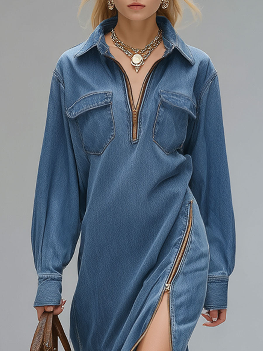 Lapel Collar Double-pocket Zip-up Denim Long-sleeved Midi Dress