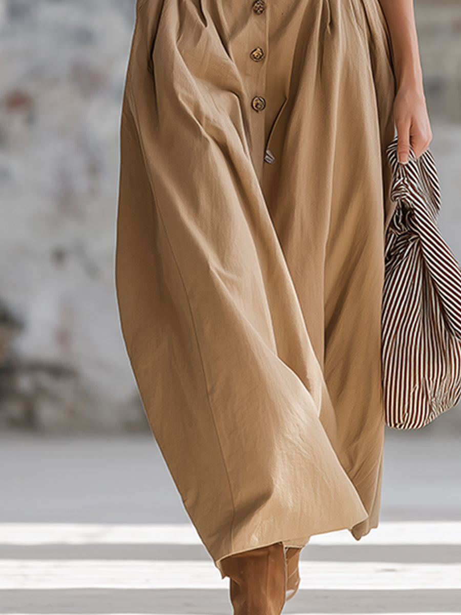 Retro And Stylish Lapel Button-down Khaki Maxi Dress