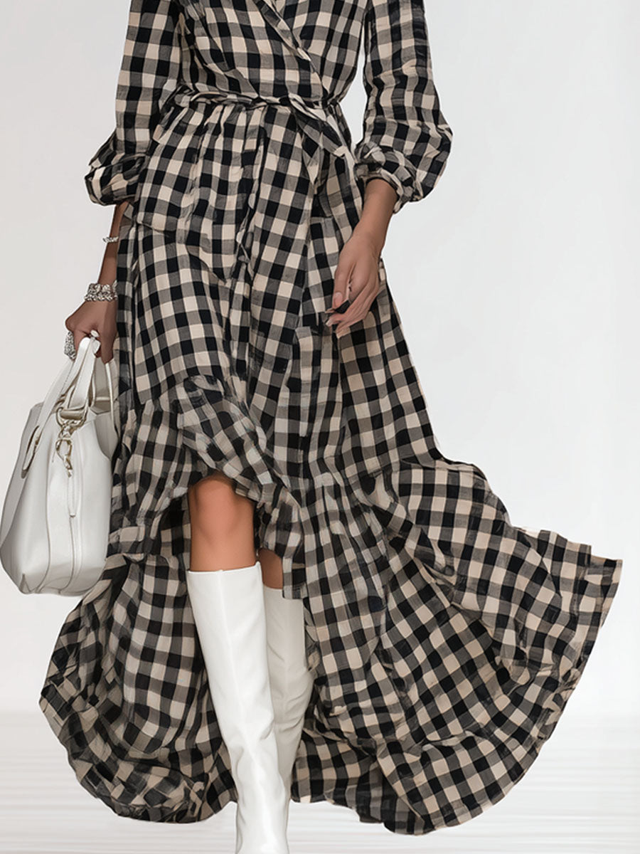 Bohemian-style Retro Plaid Long-sleeved Maxi Dress