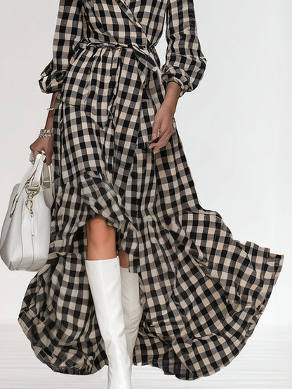 Bohemian-style Retro Plaid Long-sleeved Maxi Dress