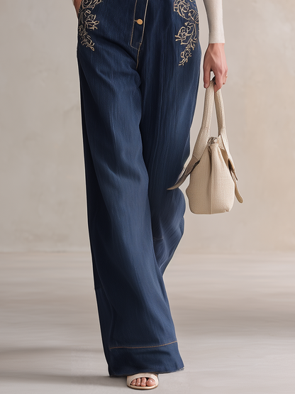 American Utility Belted Embroidered Denim Suspender Jumpsuit