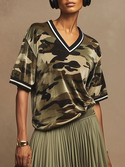 Casual Retro Military Green Camouflage Velvet Short-Sleeve T-Shirt And Pleated Skirt Set