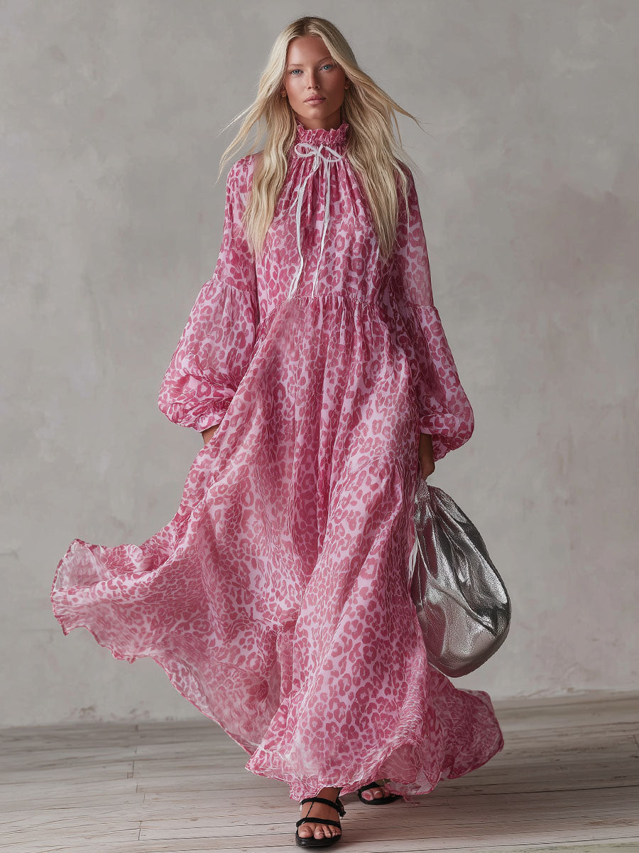 Loose-fitting Leopard Print High-neck Long-sleeved Maxi Dress