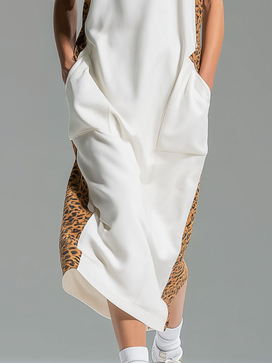 Stand Collar Leopard Print Patchwork Double Pocket Sleeveless Midi Dress