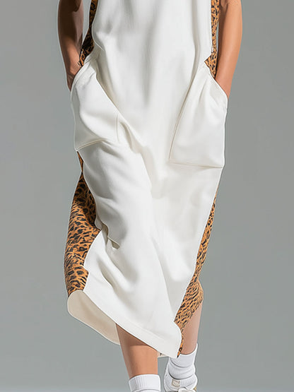 Stand Collar Leopard Print Patchwork Double Pocket Sleeveless Midi Dress