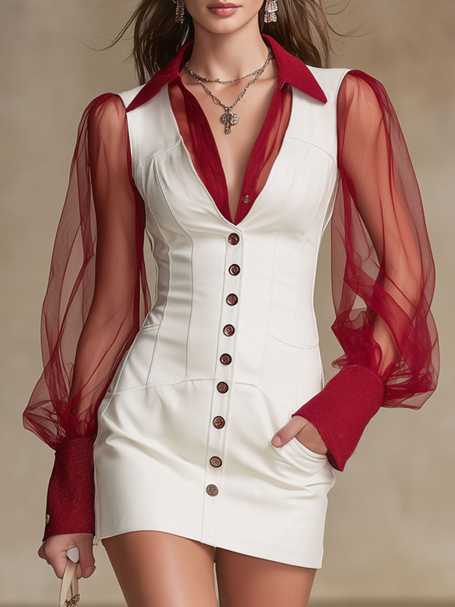 Fashionable Retro Red Gauze Sleeve White Faux Leather Mini Dress