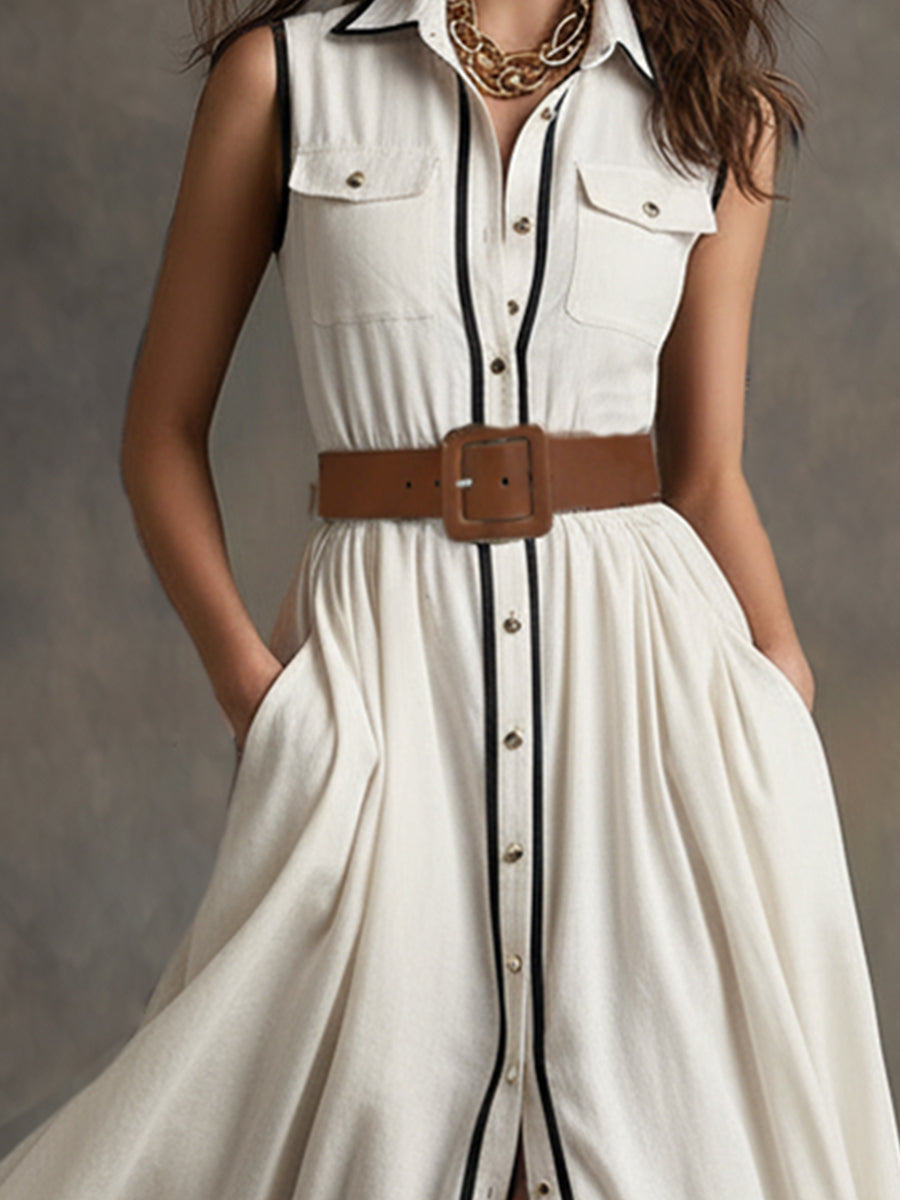 Vintage-style Piped White Cotton And Linen Collared Sleeveless Maxi Dress