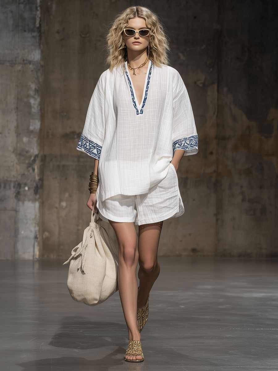 Bohemian Embroidered White Cotton And Linen Short-sleeved Shirt And Shorts Set