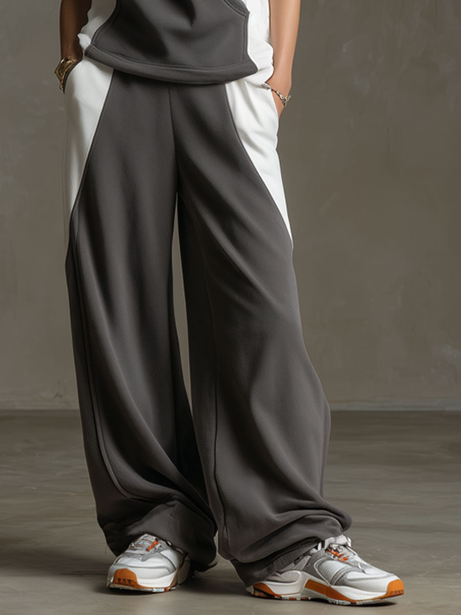 Retro Gray And White Sleeveless Sweatshirt And Wide-leg Pants Set