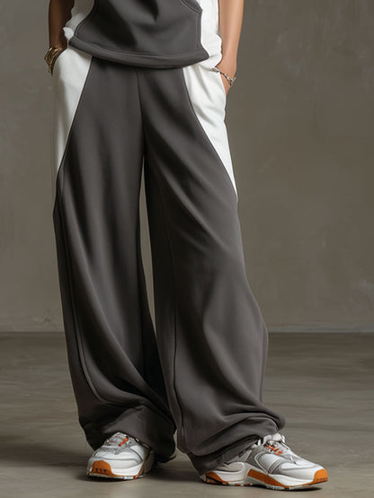 Retro Gray And White Sleeveless Sweatshirt And Wide-leg Pants Set