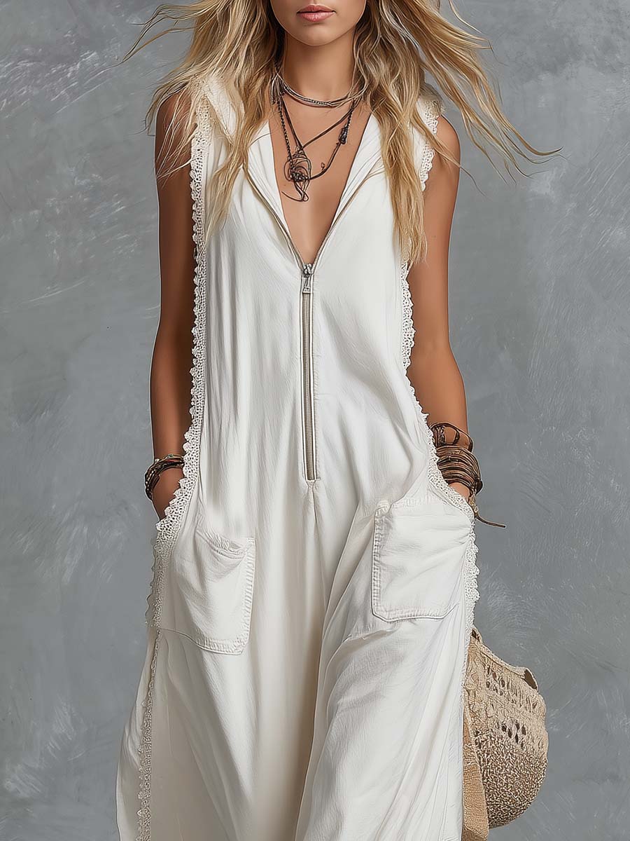 Vintage Casual Western Hooded V-neck Front Zip Lace Trim White Cotton Jumpsuit