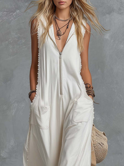 Vintage Casual Western Hooded V-neck Front Zip Lace Trim White Cotton Jumpsuit