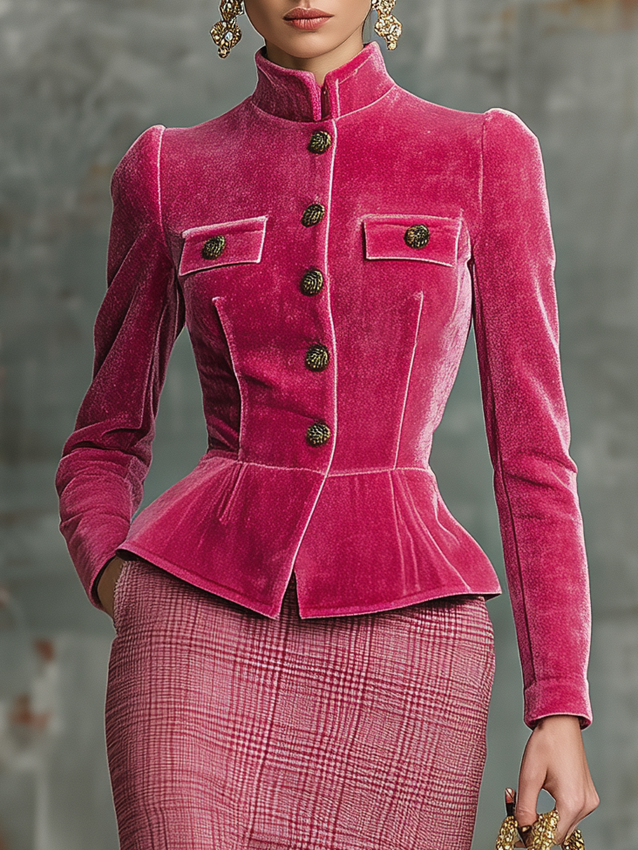 Elegant Retro Stand-collar Velvet Jacket And Plaid Skirt Set