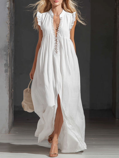 Stand-collar Ruffled Lace-trimmed Sleeveless Maxi Dress