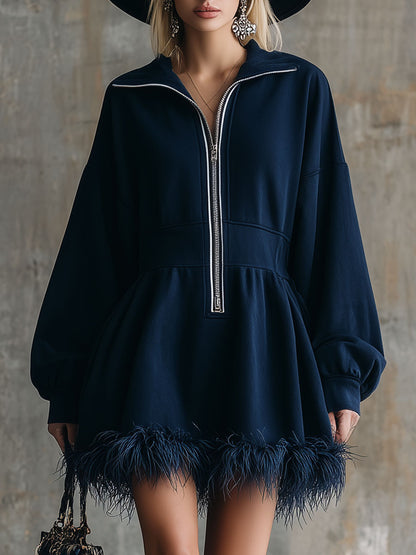 Fashionable Sporty Blue Faux Feather Embellished Mini Dress