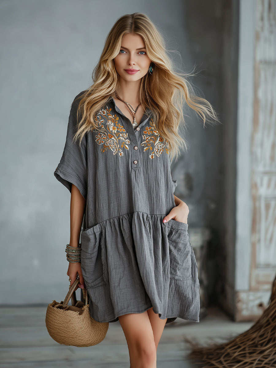 Gray Cotton And Linen Collared Button-down Short-sleeved Mini Dress