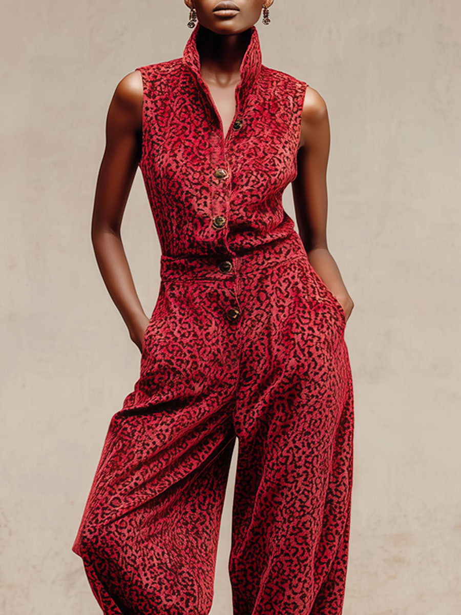 Casual Retro Leopard Print Red Velvet Sleeveless Jogger Jumpsuit