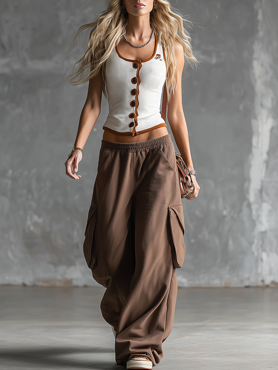 Stylish Sporty White Tank Top And Brown Sweatpants Set