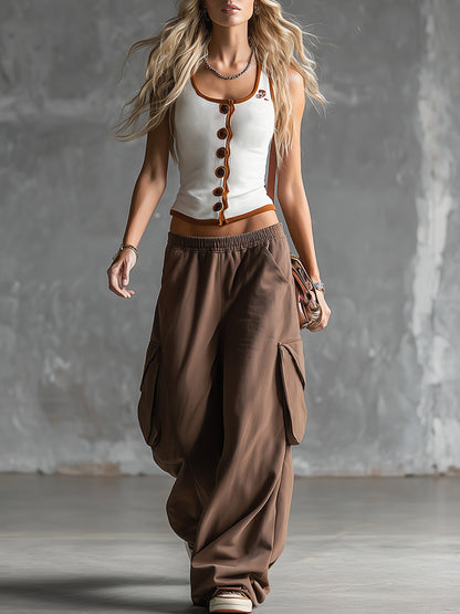 Stylish Sporty White Tank Top And Brown Sweatpants Set
