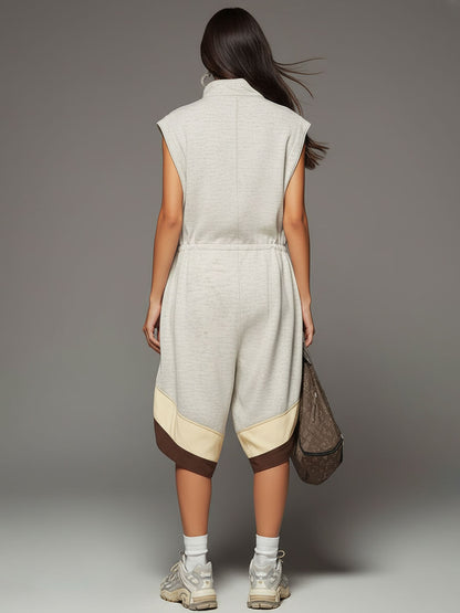 Sporty Retro Gray-white Cutout Sleeveless Shorts Jumpsuit