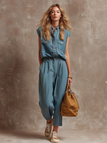 Stylish Retro Blue Sleeveless Button-down Washed Denim Top And Pants Set