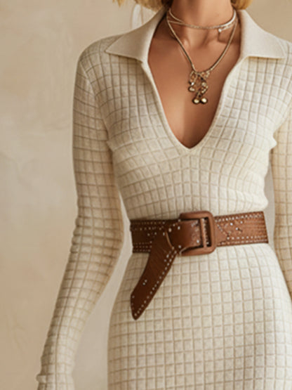 Exquisite And Classic Off-white Checkered Knit Maxi Dress