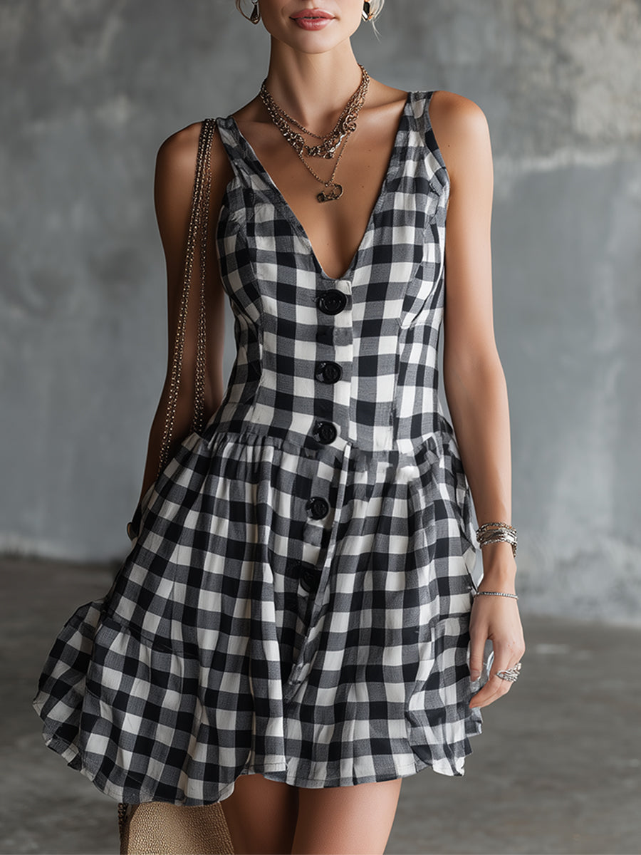 Chic Urban Black &amp; White Plaid Sleeveless Mini Dress