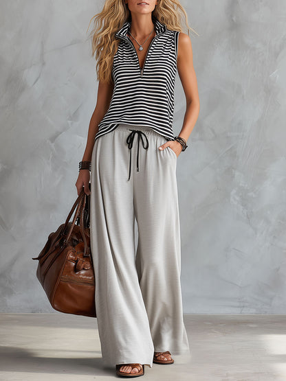 Sporty Retro Black And White Striped Half-Zip Sleeveless T-Shirt And Wide-Leg Pants Set