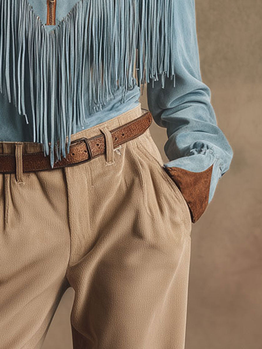 Western Retro Brown And Blue Faux Suede Tassel Long-Sleeved Shirt