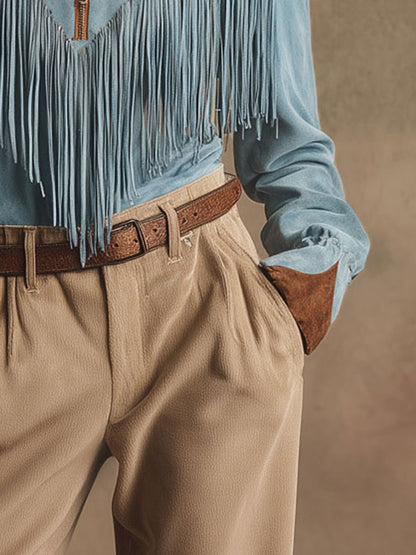 Western Retro Brown And Blue Faux Suede Tassel Long-Sleeved Shirt