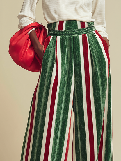 Retro Loose-fitting Red And Green Striped Chenille Wide-leg Pants