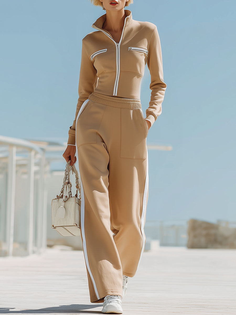 Color-blocked Pocket Stand-up Collar Zip-up Top And Wide-leg Pants Tracksuit