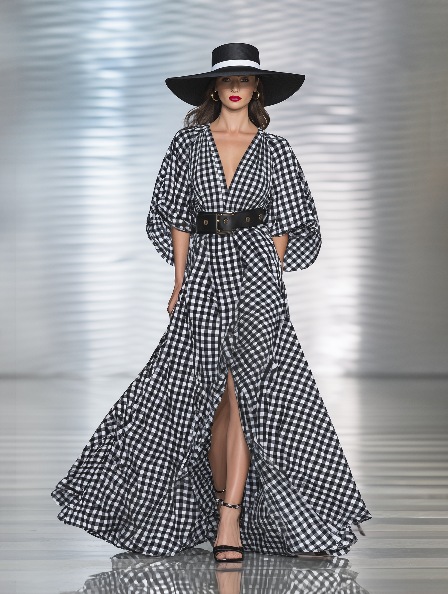 High-end Chic Black And White Checkered Ruched Sleeve Cotton Maxi Dress