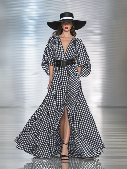 High-end Chic Black And White Checkered Ruched Sleeve Cotton Maxi Dress