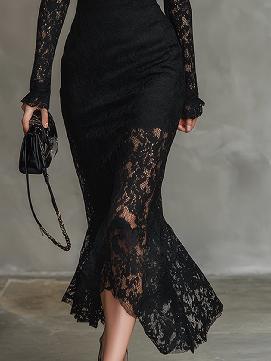 Elegant Party Black Stretch Lace Fishtail Maxi Dress