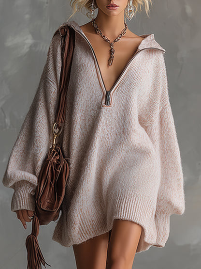 Chic Silhouette Variegated Peach Pink Lapel Half-zip Knit Mini Dress