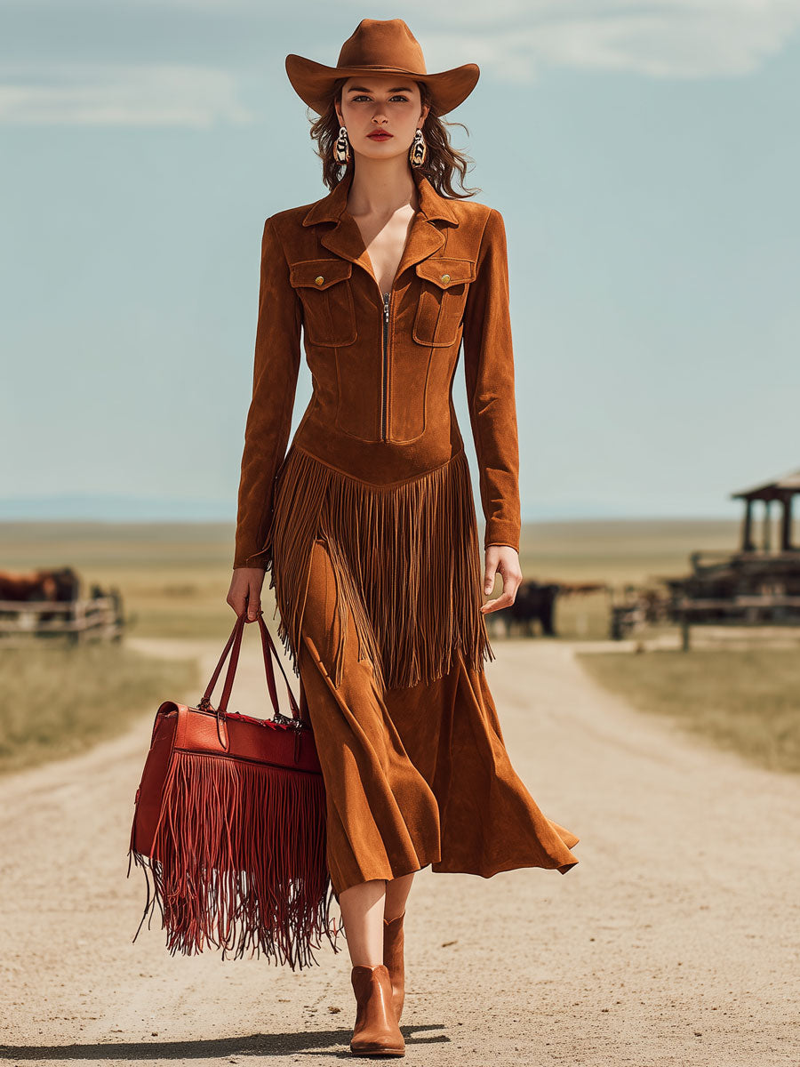 Western Retro Caramel-Colored Faux Suede Zipper Tassel Long-Sleeved Midi Dress