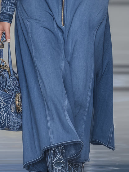 Retro Blue Denim Hooded Zip-up Eagle Embroidered Maxi Dress