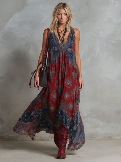 Retro Ethnic Bohemian Print Chiffon Sleeveless Maxi Dress