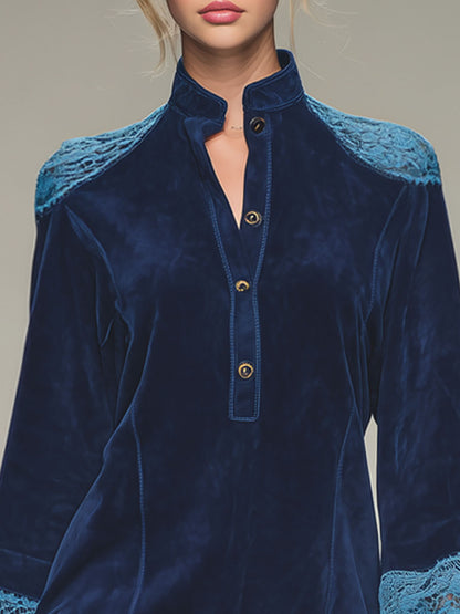 Stand-up Collar Button Lace Tassel Faux Suede Long-sleeved Mini Dress