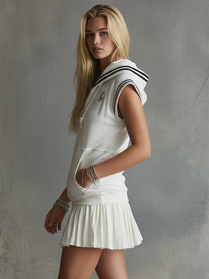 Casual Sporty Black Striped White Hooded Sleeveless Mini Dress