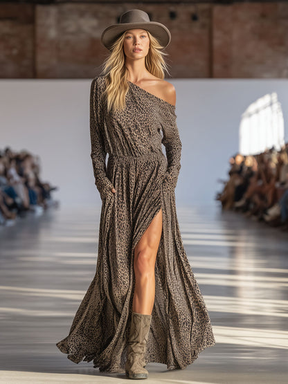 Leopard Print Off-the-shoulder Long-sleeved Double-pocket Chiffon Maxi Dress