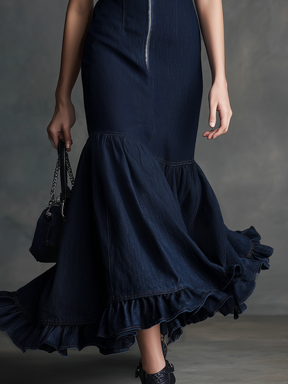Elegant And Stylish Sleeveless Zipper Fishtail Ruffle Maxi Dress