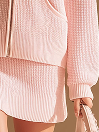 Casual Sporty Pink Hooded Zip-up Waffle-knit Top And Skirt Set
